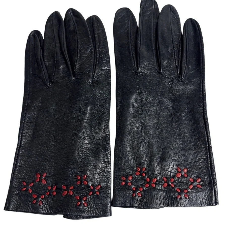 Womens Vintage Leather Gloves with Red Embroidered Accent Unlined